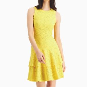 NWT MICHAEL Michael Kors Jacquard Floral Tiered Dress Yellow Saffron Sz M